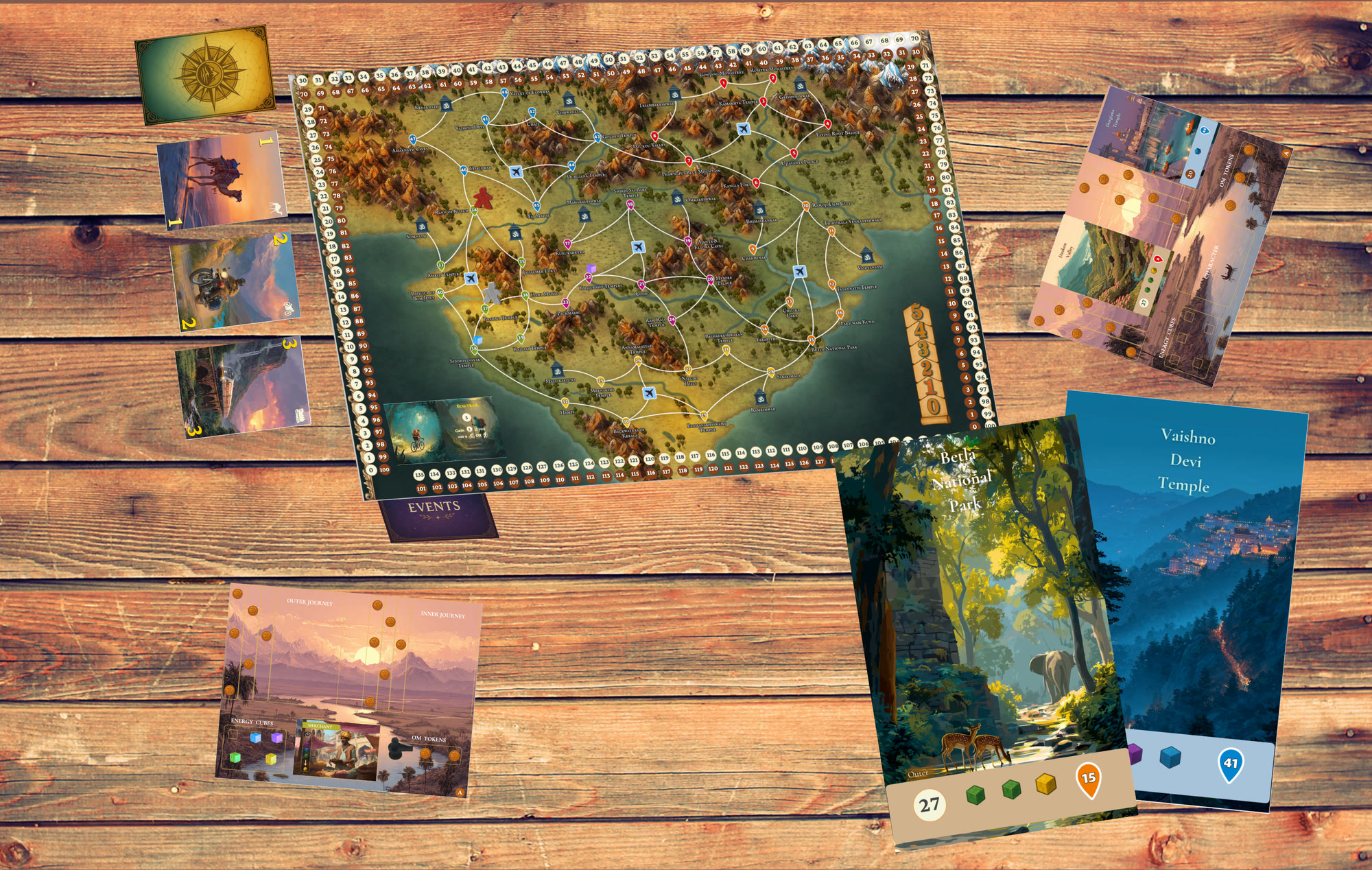 OM: The Journey board game with map of India and components on a table